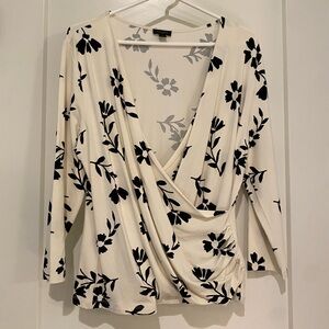 Ann Taylor Factory Monochrome Long Sleeve Floral Faux Wrap Blouse, size L